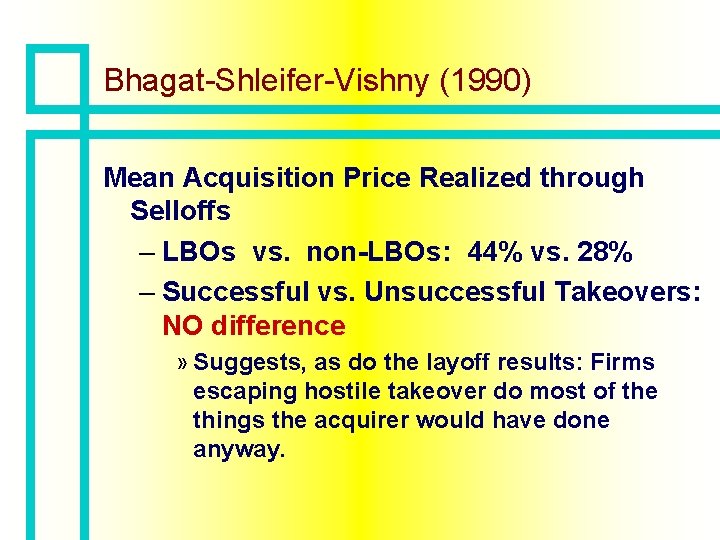 Bhagat-Shleifer-Vishny (1990) Mean Acquisition Price Realized through Selloffs – LBOs vs. non-LBOs: 44% vs.