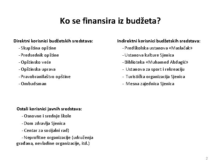 Ko se finansira iz budžeta? Direktni korisnici budžetskih sredstava: - Skupština opštine - Predsednik