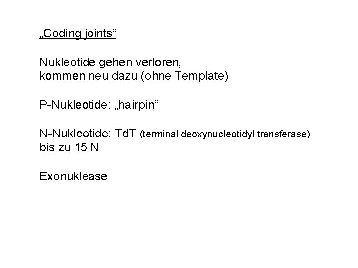 „Coding joints“ Nukleotide gehen verloren, kommen neu dazu (ohne Template) P-Nukleotide: „hairpin“ N-Nukleotide: Td.