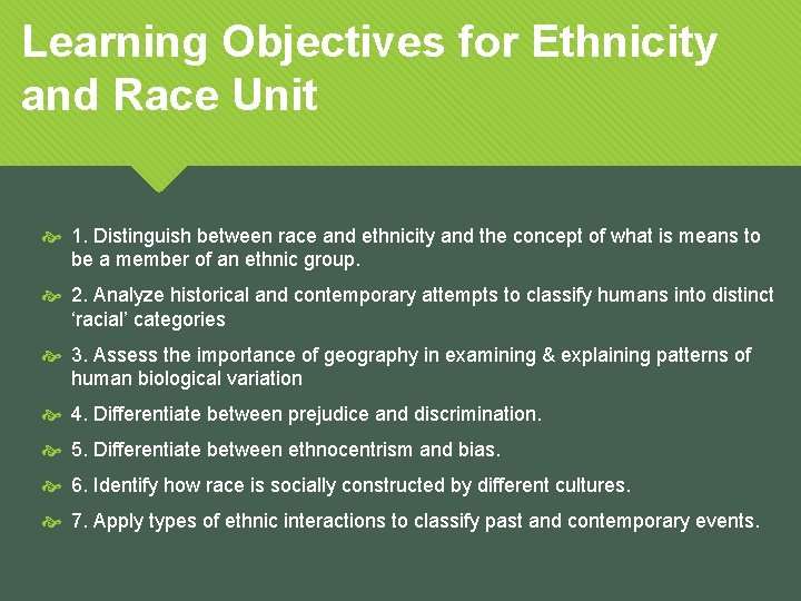 Learning Objectives for Ethnicity and Race Unit 1. Distinguish between race and ethnicity and