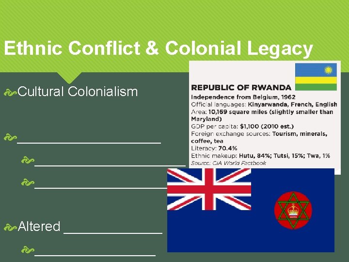 Ethnic Conflict & Colonial Legacy Cultural Colonialism ____________________ Altered ________________ 