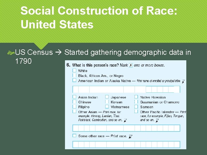 Social Construction of Race: United States US Census Started gathering demographic data in 1790