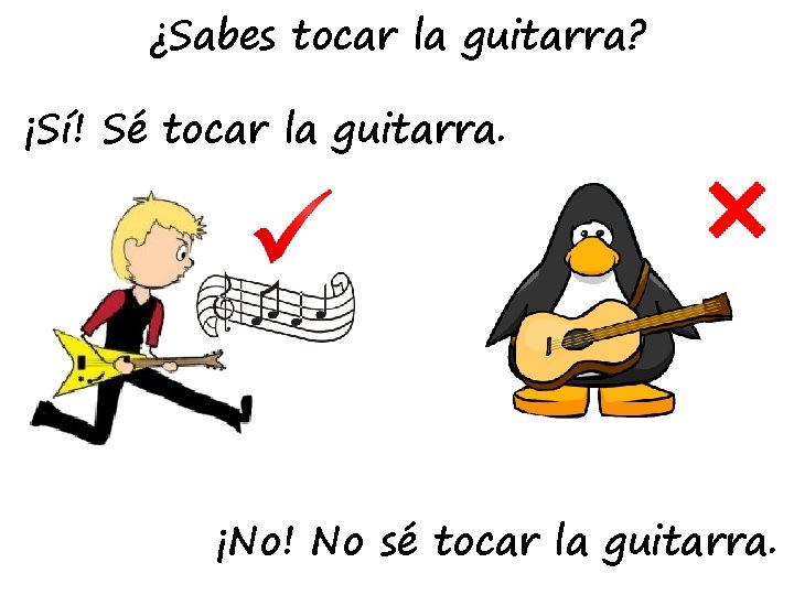 ¿Sabes tocar la guitarra? ¡Sí! Sé tocar la guitarra. ¡No! No sé tocar la