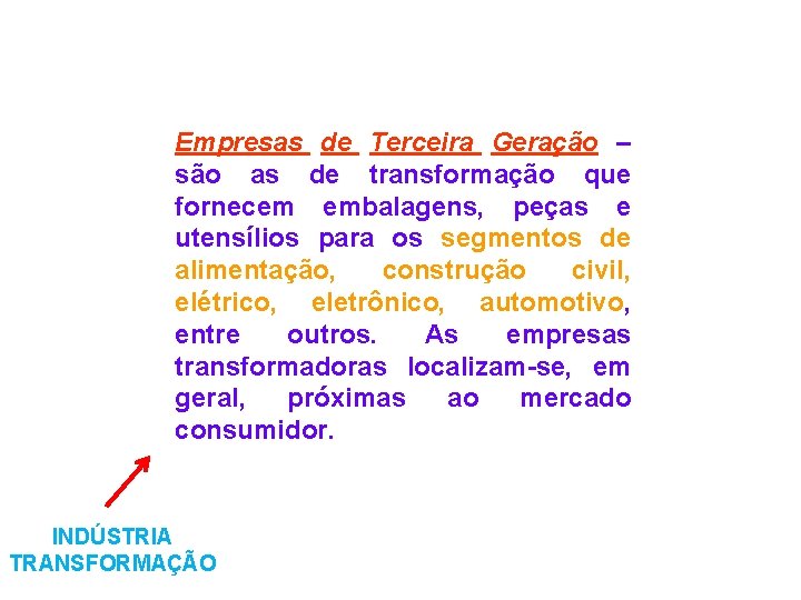 Empresas de Terceira Geração – são as de transformação que fornecem embalagens, peças e