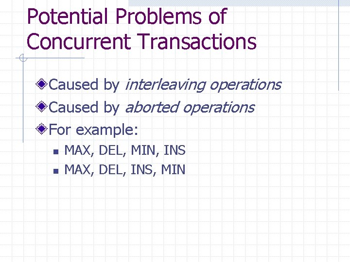 Potential Problems of Concurrent Transactions Caused by interleaving operations Caused by aborted operations For