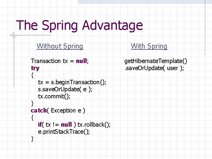 The Spring Advantage Without Spring Transaction tx = null; try { tx = s.