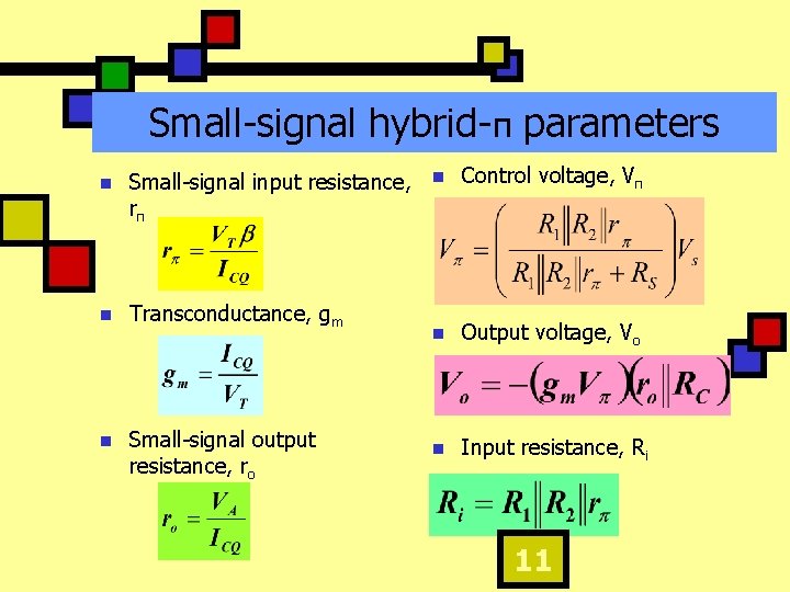 Small-signal hybrid-π parameters n Small-signal input resistance, rπ n Transconductance, gm n Small-signal output