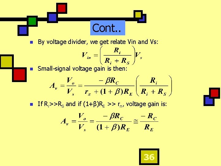 Cont. . n By voltage divider, we get relate Vin and Vs: n Small-signal