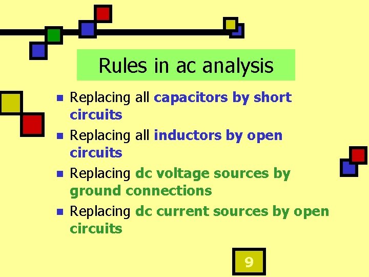 Rules in ac analysis n n Replacing all capacitors by short circuits Replacing all