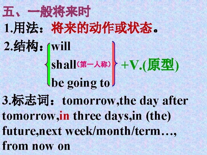 五、一般将来时 1. 用法：将来的动作或状态。 2. 结构：will shall（第一人称） +V. (原型) be going to 3. 标志词：tomorrow, the