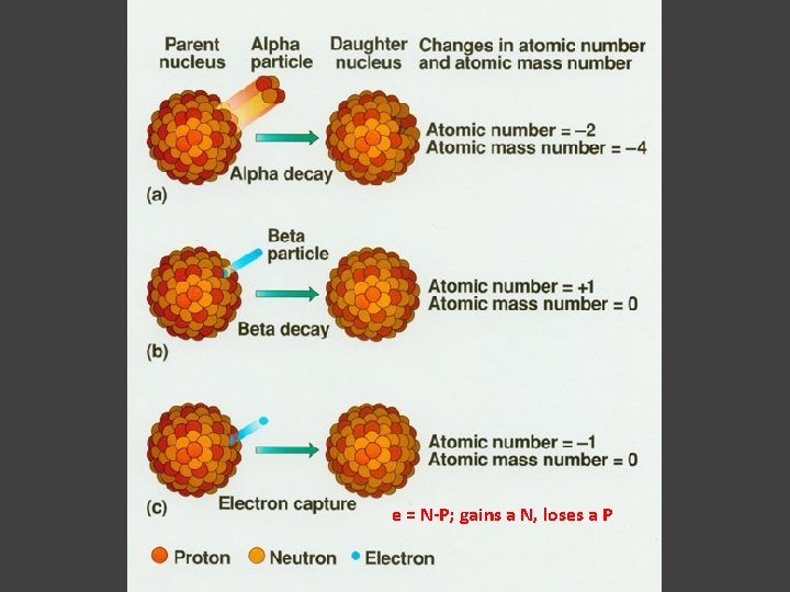 e = N-P; gains a N, loses a P 