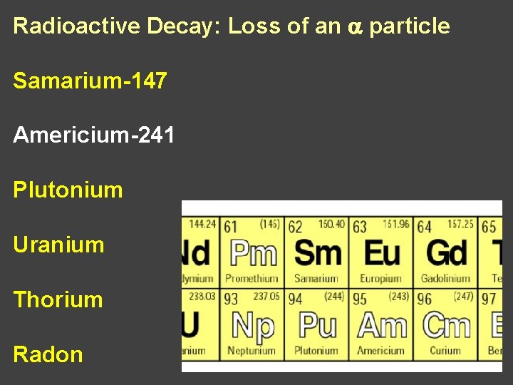 Radioactive Decay: Loss of an a particle Samarium-147 Americium-241 Plutonium Uranium Thorium Radon 