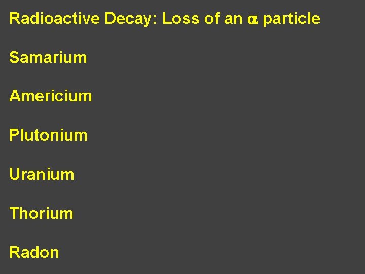 Radioactive Decay: Loss of an a particle Samarium Americium Plutonium Uranium Thorium Radon 