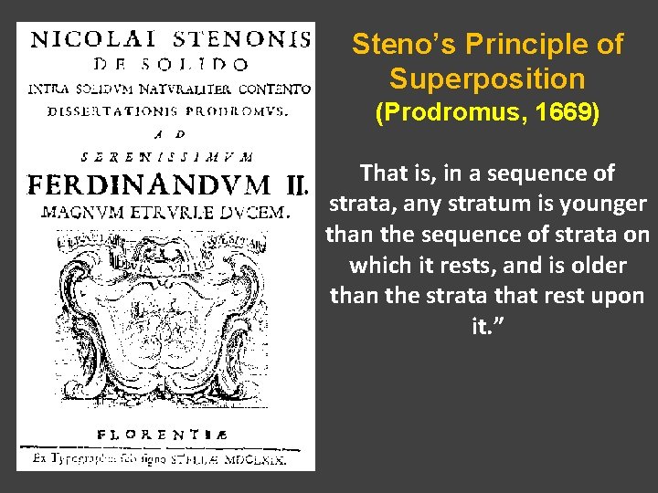 Steno’s Principle of Superposition (Prodromus, 1669) That is, in a sequence of strata, any