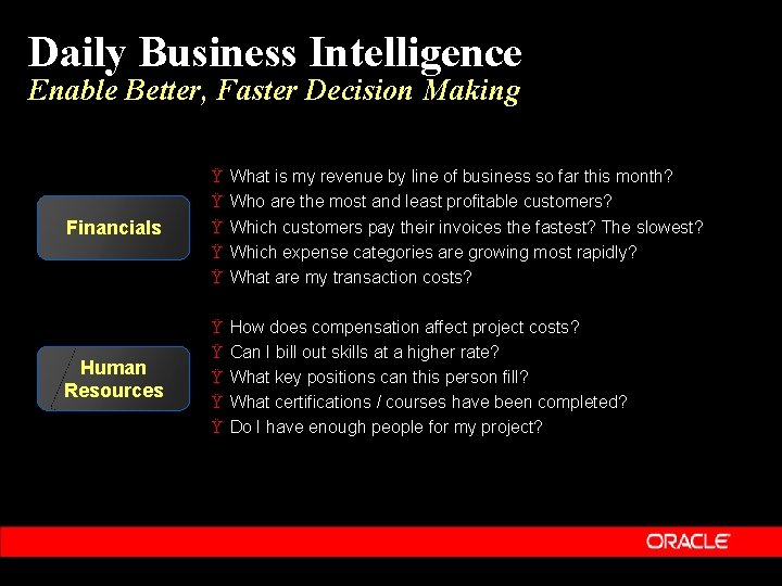 Daily Business Intelligence Enable Better, Faster Decision Making Financials Ÿ Ÿ Ÿ What is
