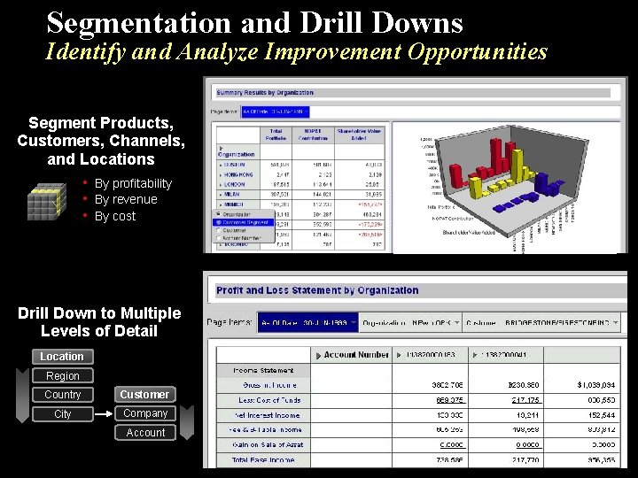 Segmentation and Drill Downs Identify and Analyze Improvement Opportunities Segment Products, Customers, Channels, and