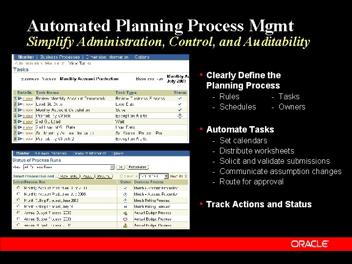 Automated Planning Process Mgmt Simplify Administration, Control, and Auditability • Clearly Define the Planning