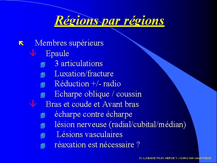 Régions par régions ë Membres supérieurs â Epaule 4 3 articulations 4 Luxation/fracture 4