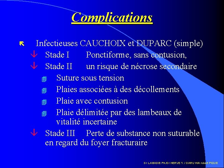 Complications ë Infectieuses CAUCHOIX et DUPARC (simple) â Stade I Ponctiforme, sans contusion, â