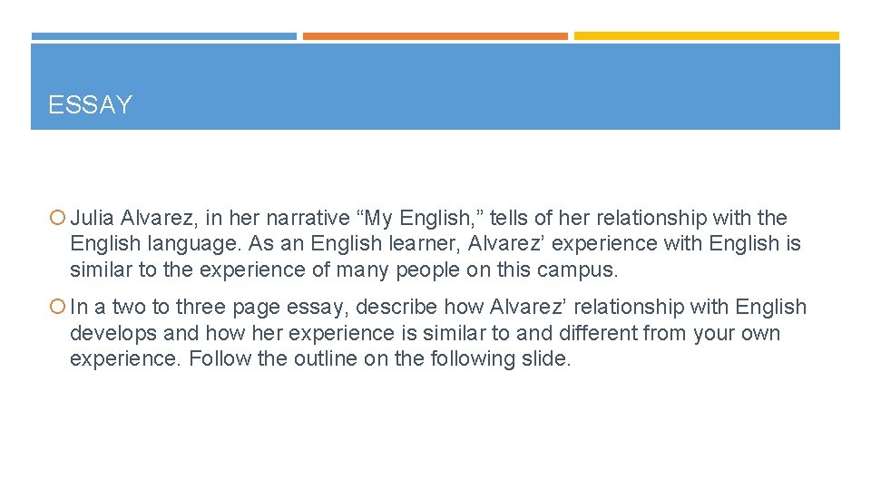 ESSAY Julia Alvarez, in her narrative “My English, ” tells of her relationship with