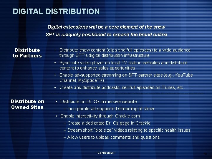 DIGITAL DISTRIBUTION Digital extensions will be a core element of the show SPT is