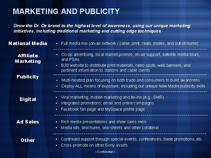 MARKETING AND PUBLICITY Grow the Dr. Oz brand to the highest level of awareness,