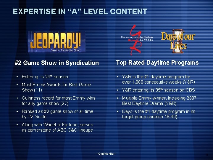 EXPERTISE IN “A” LEVEL CONTENT #2 Game Show in Syndication Top Rated Daytime Programs