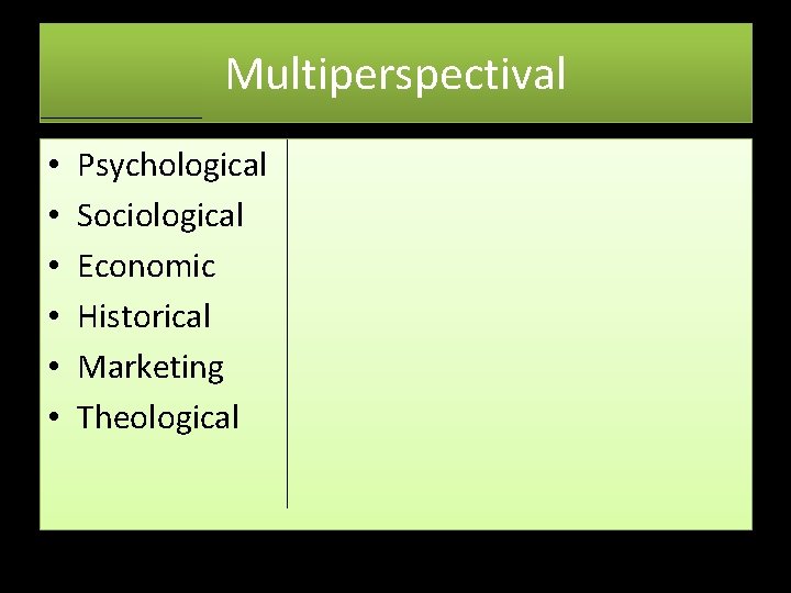 Multiperspectival • • • Psychological Sociological Economic Historical Marketing Theological 