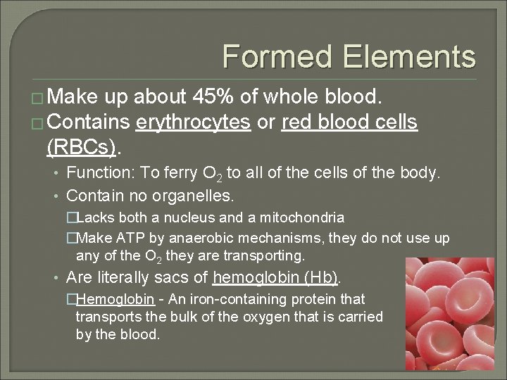 Formed Elements � Make up about 45% of whole blood. � Contains erythrocytes or