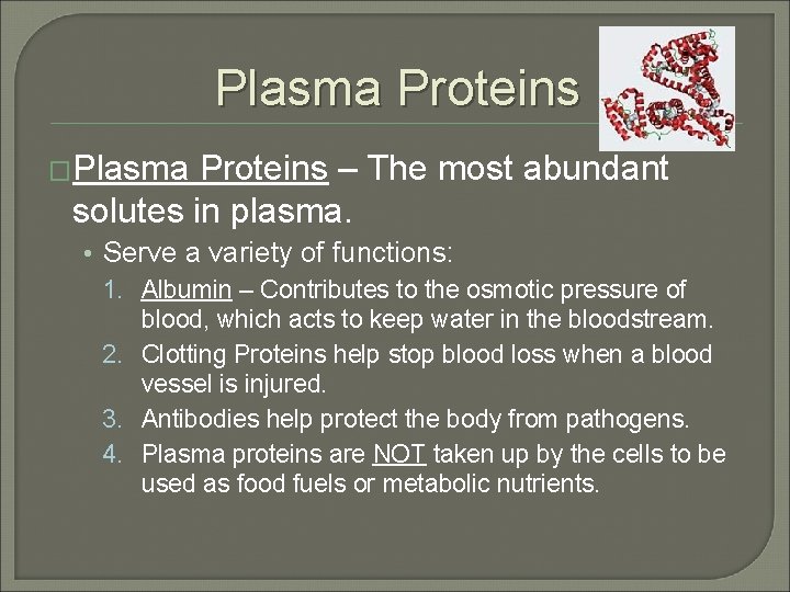 Plasma Proteins �Plasma Proteins – The most abundant solutes in plasma. • Serve a