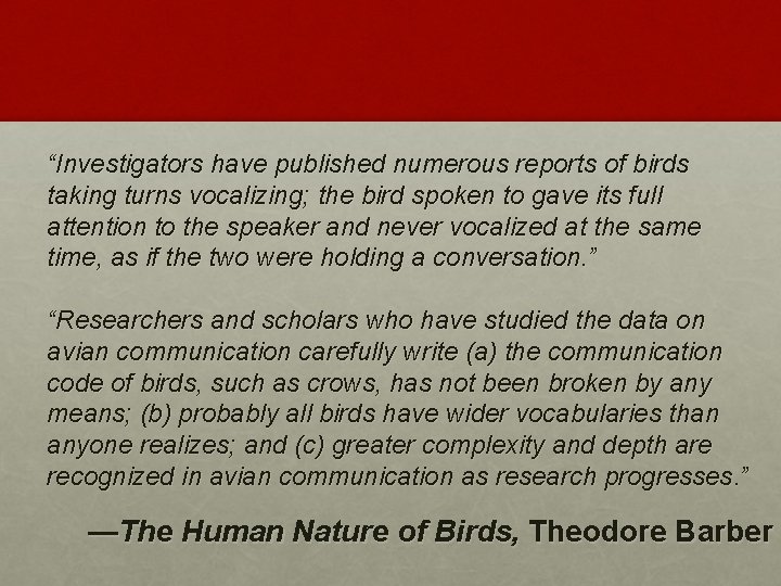 “Investigators have published numerous reports of birds taking turns vocalizing; the bird spoken to