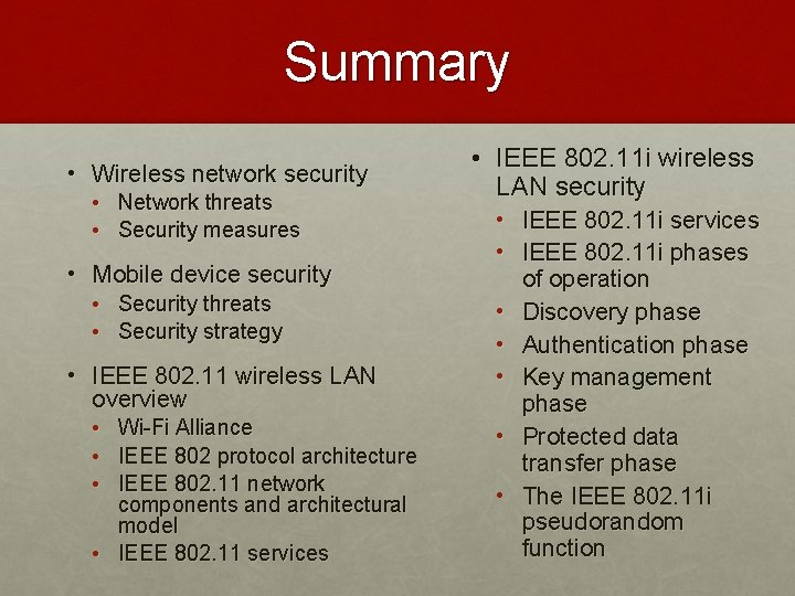 Summary • Wireless network security • Network threats • Security measures • Mobile device