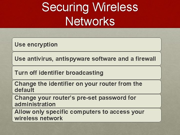 Securing Wireless Networks Use encryption Use antivirus, antispyware software and a firewall Turn off