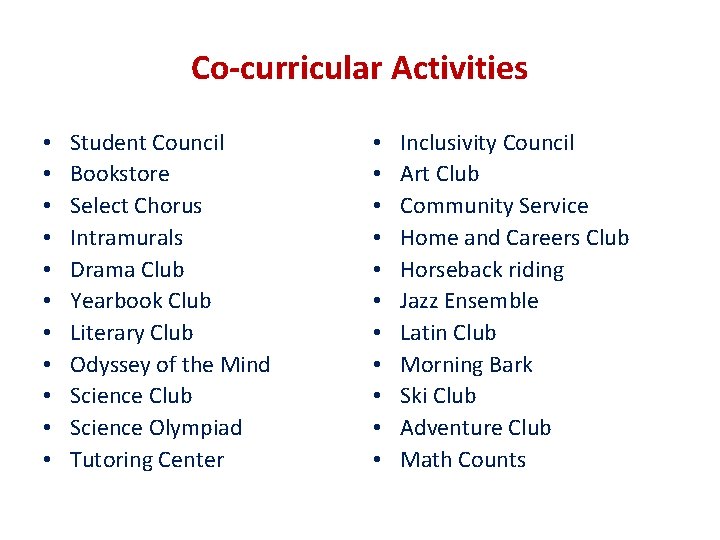 Co-curricular Activities • • • Student Council Bookstore Select Chorus Intramurals Drama Club Yearbook