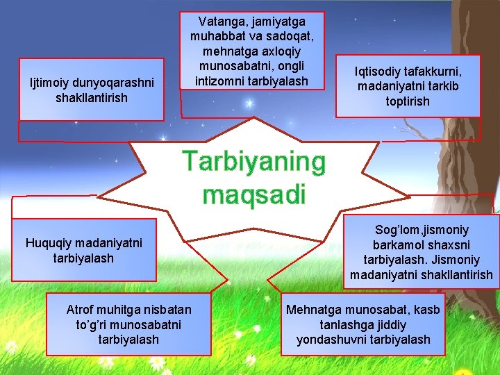 Ijtimoiy dunyoqarashni shakllantirish Vatanga, jamiyatga muhabbat va sadoqat, mehnatga axloqiy munosabatni, ongli intizomni tarbiyalash