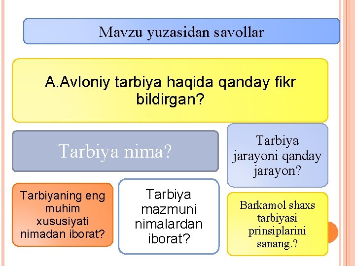 Mavzu yuzasidan savollar A. Avloniy tarbiya haqida qanday fikr bildirgan? Tarbiya nima? Tarbiyaning eng