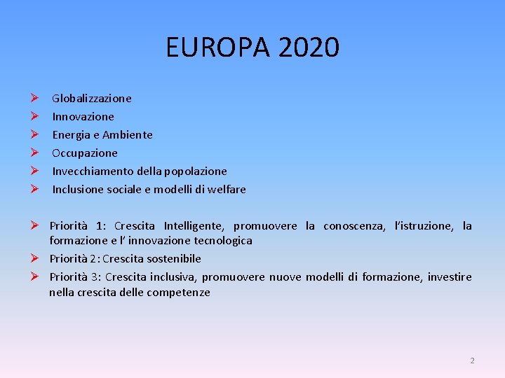 EUROPA 2020 Ø Ø Ø Globalizzazione Innovazione Energia e Ambiente Occupazione Invecchiamento della popolazione