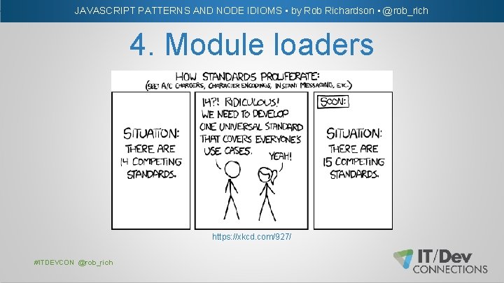 JAVASCRIPT PATTERNS AND NODE IDIOMS • by Rob Richardson • @rob_rich 4. Module loaders