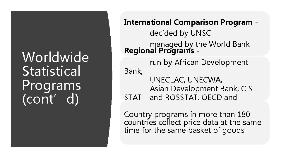 Worldwide Statistical Programs (cont’d) International Comparison Program decided by UNSC managed by the World