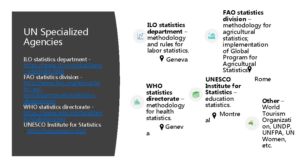 UN Specialized Agencies ILO statistics department - https: //www. ilo. org/stat/lang --en/index. htm ILO