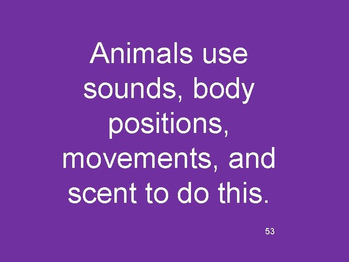 Animals use sounds, body positions, movements, and scent to do this. 53 