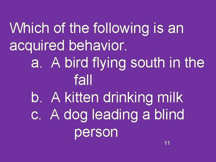 Which of the following is an acquired behavior. a. A bird flying south in