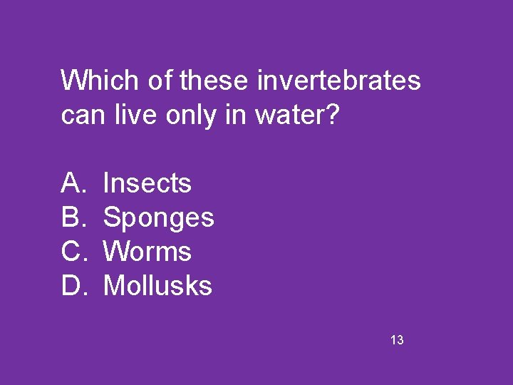 Which of these invertebrates can live only in water? A. B. C. D. Insects