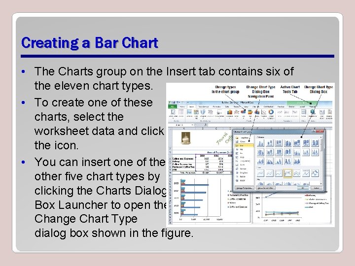 Creating a Bar Chart • The Charts group on the Insert tab contains six