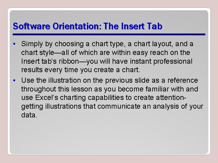 Software Orientation: The Insert Tab • Simply by choosing a chart type, a chart