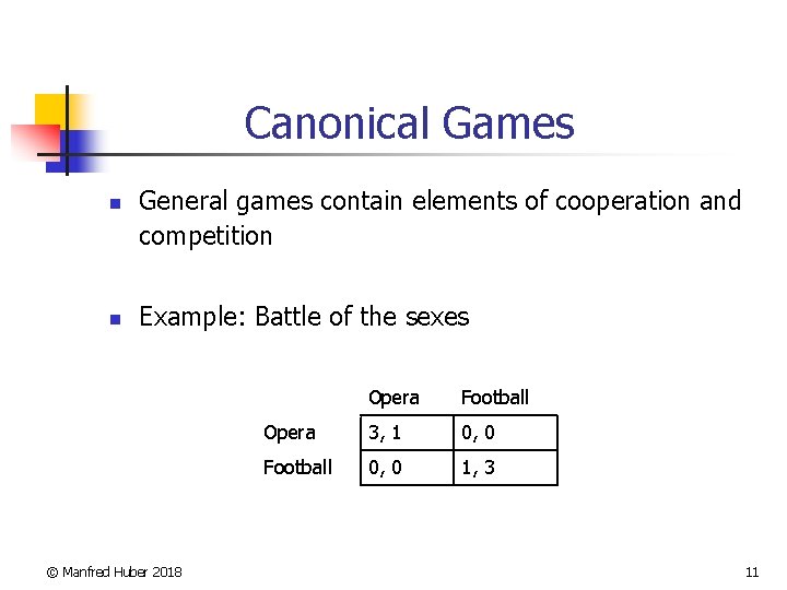 Canonical Games n n General games contain elements of cooperation and competition Example: Battle