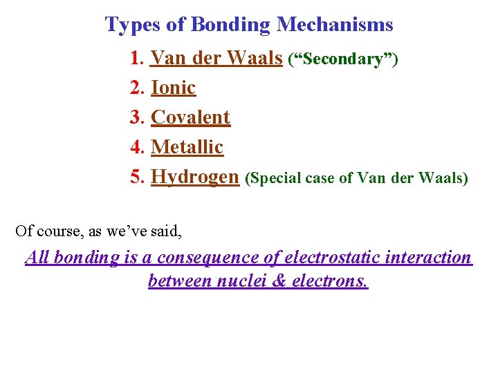 Types of Bonding Mechanisms 1. Van der Waals (“Secondary”) 2. Ionic 3. Covalent 4.