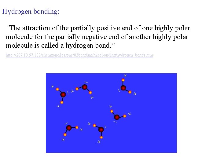 Hydrogen bonding: “The attraction of the partially positive end of one highly polar molecule