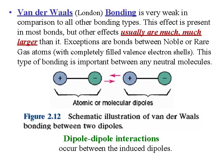  • Van der Waals (London) Bonding is very weak in comparison to all