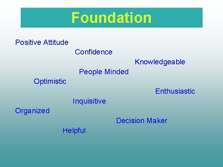Foundation Positive Attitude Confidence Knowledgeable People Minded Optimistic Enthusiastic Inquisitive Organized Decision Maker Helpful